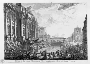 Ansicht des großen Trevi-Brunnens ehemals genannt Acqua Vergine. Architektur von Nicola Salvi